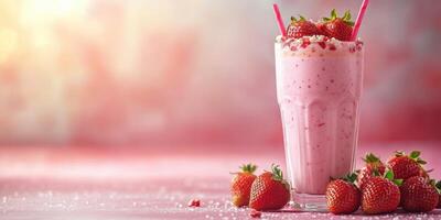 Delicious strawberry milkshake served in a tall glass with fresh strawberries on the table during a bright afternoon photo