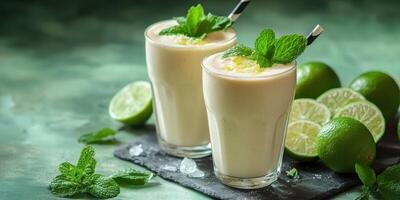 Refreshing mint lime smoothies served in clear glasses with garnishes on a cool green background photo