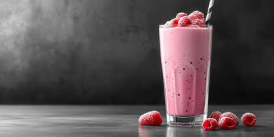 Refreshing raspberry smoothie served in a tall glass garnished with fresh berries on a dark background photo