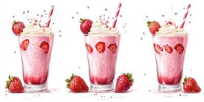 Refreshing strawberry milkshakes topped with whipped cream are served in tall glasses photo