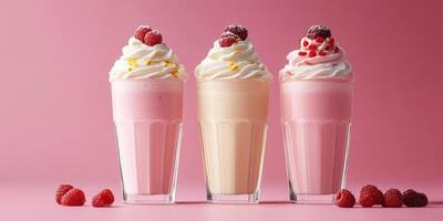 Refreshing raspberry milkshakes on a pastel pink backdrop inviting summer indulgence photo