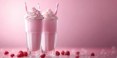 Delicious pink milkshakes topped with whipped cream and sprinkles on a pastel pink background photo