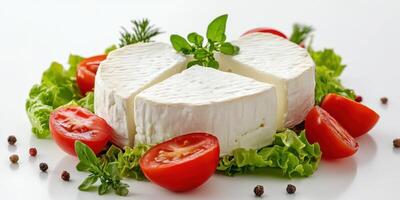 Fresh cheese platter with tomatoes and greenery displayed on a white background creating a vibrant culinary presentation photo