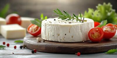 Fresh cheese with cherry tomatoes and herbs on rustic wooden board at a cozy kitchen setting photo
