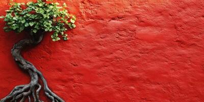 Unique tree with exposed roots against a vibrant red wall in a sunny urban setting photo