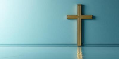 Golden cross resting against a blue wall reflecting light in a serene setting photo