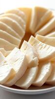Freshly sliced creamy cheese arranged in a circular pattern on a white plate photo