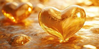 Heart-shaped resin objects sparkling in golden light on a reflective surface during sunset photo