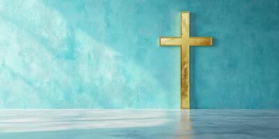 Golden cross stands against turquoise background in a serene interior setting during daylight photo
