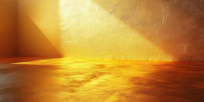 Golden light spills across a textured surface in a warm, empty space creating a serene and inviting atmosphere photo
