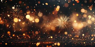 Colorful fireworks illuminate the night sky during a festive celebration filled with bright lights and sparkling bokeh effects photo
