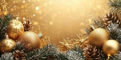 Elegant Christmas decorations featuring golden ornaments and pine branches in a festive setting photo