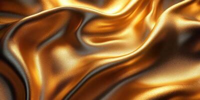 Beautiful golden silk fabric draping elegantly, showcasing rich textures and shimmering light reflections photo