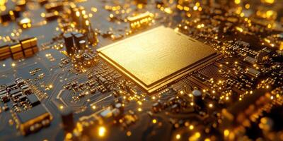 Close-up view of a shiny microchip on a circuit board with golden accents highlighting its intricate design and technology photo