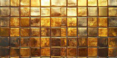 A shiny golden tile wall with a radiant texture reflecting warm light in a modern interior space photo