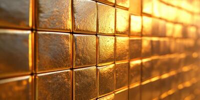 Glimmering golden tiles create a shimmering wall effect in a brightly lit space photo