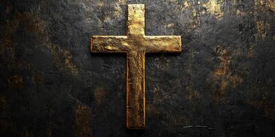 Golden cross against a textured dark background showcases craftsmanship and religious symbolism in modern art photo