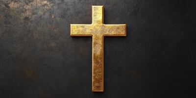 Golden cross displayed against a dark textured background in a serene setting at dusk photo