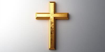 Golden cross displayed on a plain background highlighting its reflective surface and intricate design photo