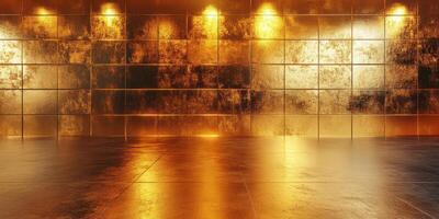 Modern interior design featuring a shiny golden wall with warm lighting in an elegant space photo