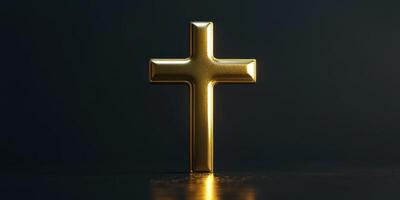 Golden cross illuminated by soft light against a dark background creating a serene and reflective atmosphere photo