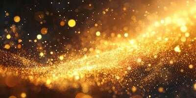 Golden particles create a shimmering wave at night with a dark background and bright highlights photo