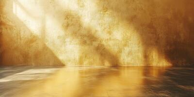 Sunlit empty room with textured golden walls and reflections on the floor during early afternoon photo