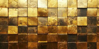 Golden textured wall made of square tiles reflecting light in a warm and elegant setting photo