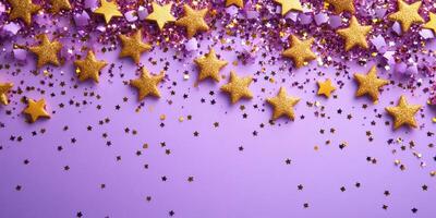 Sparkling gold stars adorn a vibrant purple background creating a festive atmosphere for celebrations photo