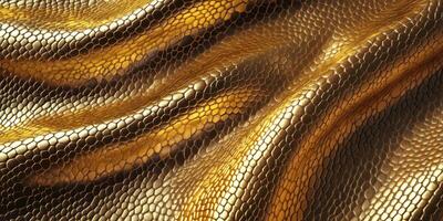 Golden snake skin texture showcases intricate patterns and shimmering qualities in elegant fabric photo