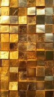 Shiny golden cubes arranged in a geometric pattern create a striking visual texture in an artistic display photo