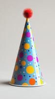 Colorful party hat with dots and pompom on top suitable for celebrations and festive occasions photo