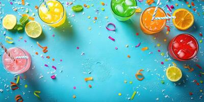 Colorful summer drinks arranged on a vibrant blue table with festive decorations and fresh fruit slices photo