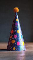 Colorful party hat on a table with a playful design and bright pompom during a celebration photo