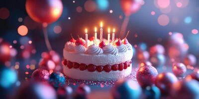 Celebrate a joyous birthday with a beautifully decorated cake adorned with candles and cherries in a festive atmosphere photo