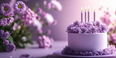 Celebration with a beautiful lavender birthday cake adorned with flowers and candles on a festive table setting photo