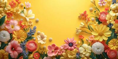 Vibrant floral arrangement with assorted flowers against a bright yellow backdrop in a decorative display for spring or summer occasions photo