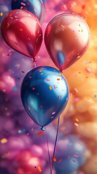 Colorful balloons float in a festive atmosphere filled with confetti during a celebration or party setting photo