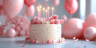 Delightful pink cake with candles celebrates a special occasion in a festive environment photo
