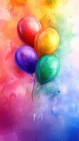 Brightly colored balloons float against a vibrant, abstract watercolor background showcasing a cheerful celebration mood photo