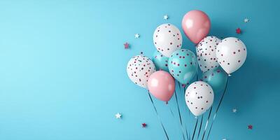Colorful balloons with confetti floating against a bright blue backdrop for a festive celebration photo