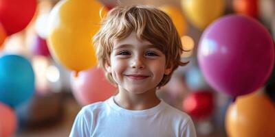 Young child smiles brightly amid colorful balloons during a joyful celebration in a vibrant indoor party setting photo
