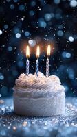 Celebration of life with a cake adorned with candles glowing amidst shimmering bokeh lights in a festive atmosphere photo