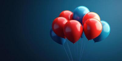 Colorful balloons in red and blue float against a dark blue background for a festive celebration photo