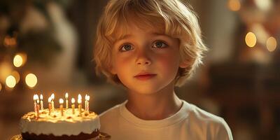 Young boy celebrates birthday with cake surrounded by warm candlelight in a cozy room filled with joy and excitement photo