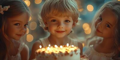 Celebrating a birthday with a joyful child and doll companions in a warmly lit atmosphere photo