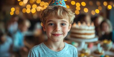 Young boy celebrates birthday at a lively party with colorful decorations and joyful guests in the background photo