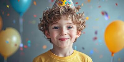 Smiling child celebrates birthday with colorful balloons and festive party hat in cheerful atmosphere photo
