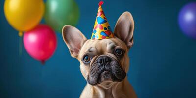 French Bulldog celebrates a birthday wearing a colorful party hat near vibrant balloons in a festive setting photo