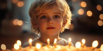 Child gazes in wonder at birthday cake surrounded by glowing candles in a cozy celebration atmosphere photo